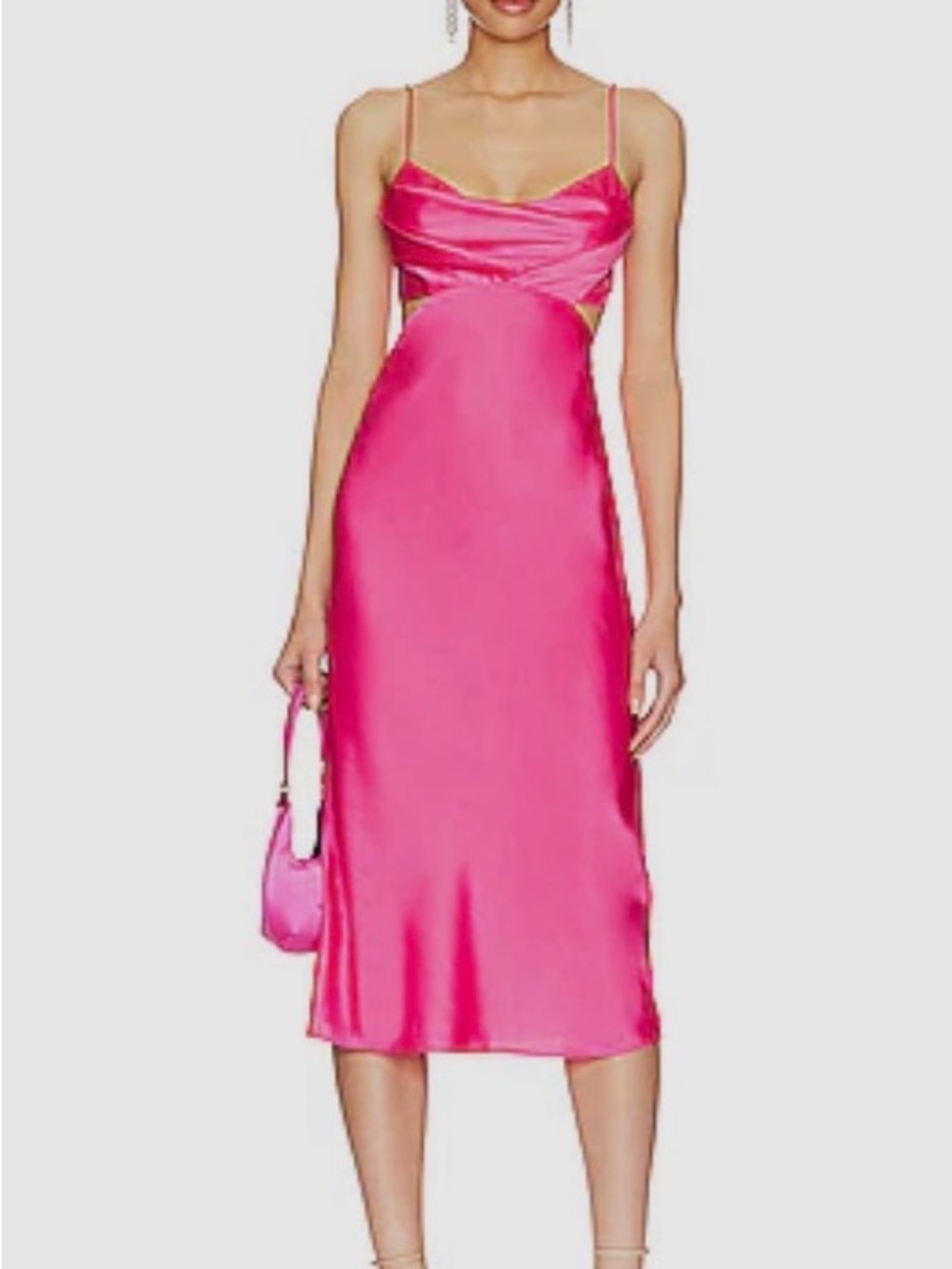 Hot Pink Satin Midi Dress with Spaghetti Straps and Side Cutouts